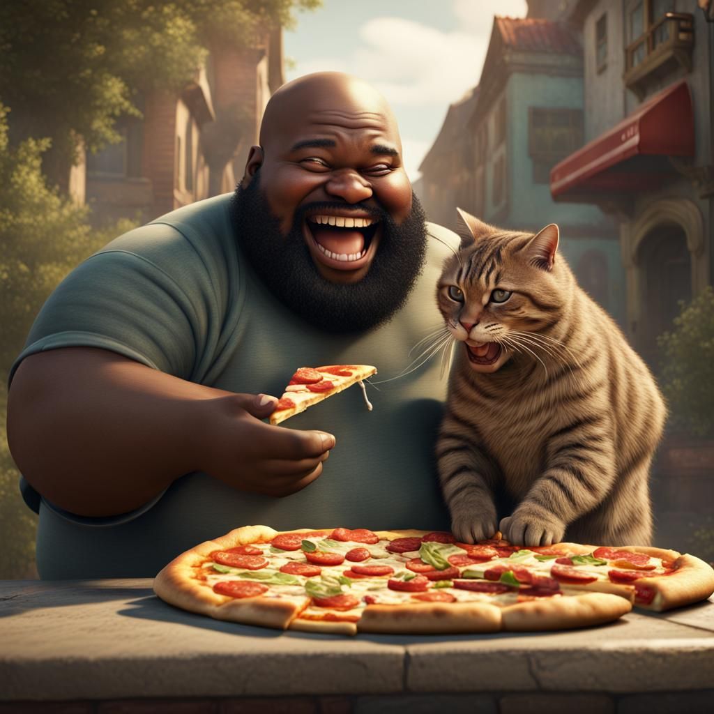 Man and Giant Cat Share Pizza