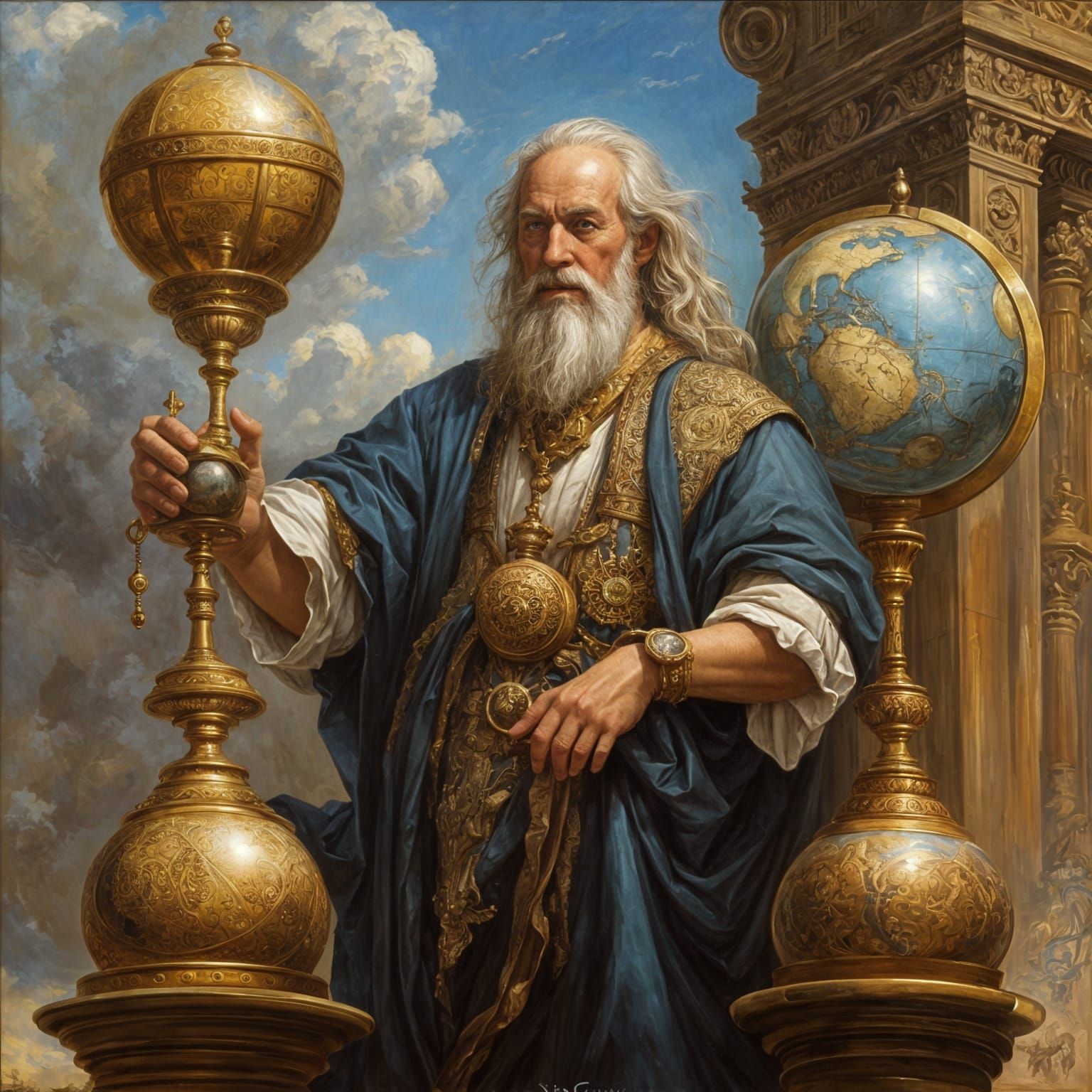 Time God Chronos with Hourglass, Gurney-Style Painting