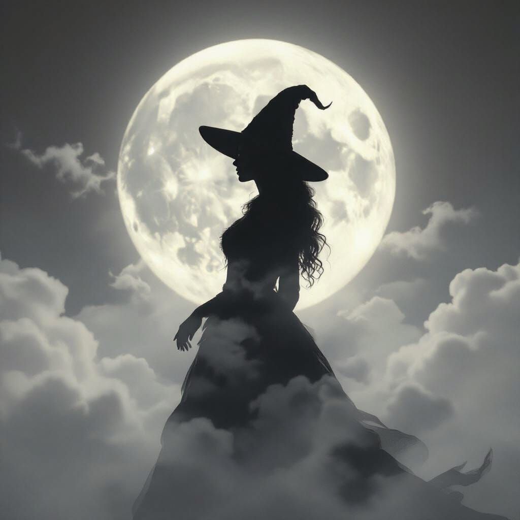 Ethereal Witch Silhouette with Luminous Moon Portrait