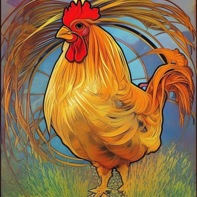 Barnyard Rooster shining feathery shimmering colors sunshine wheat stalks Alphonse Mucha analogous colors warm colors mi...