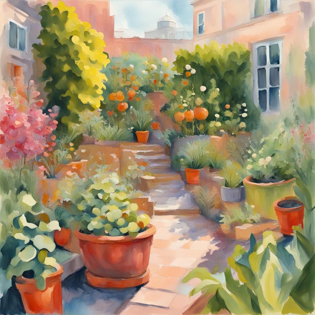 Gouache Style Urban Garden Impressionist Painting