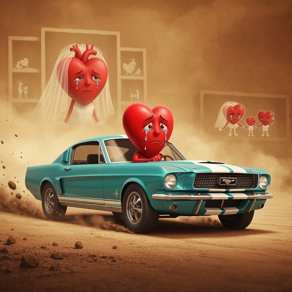 Sad Heart Drives Muscle Car Through Sepia Landscape