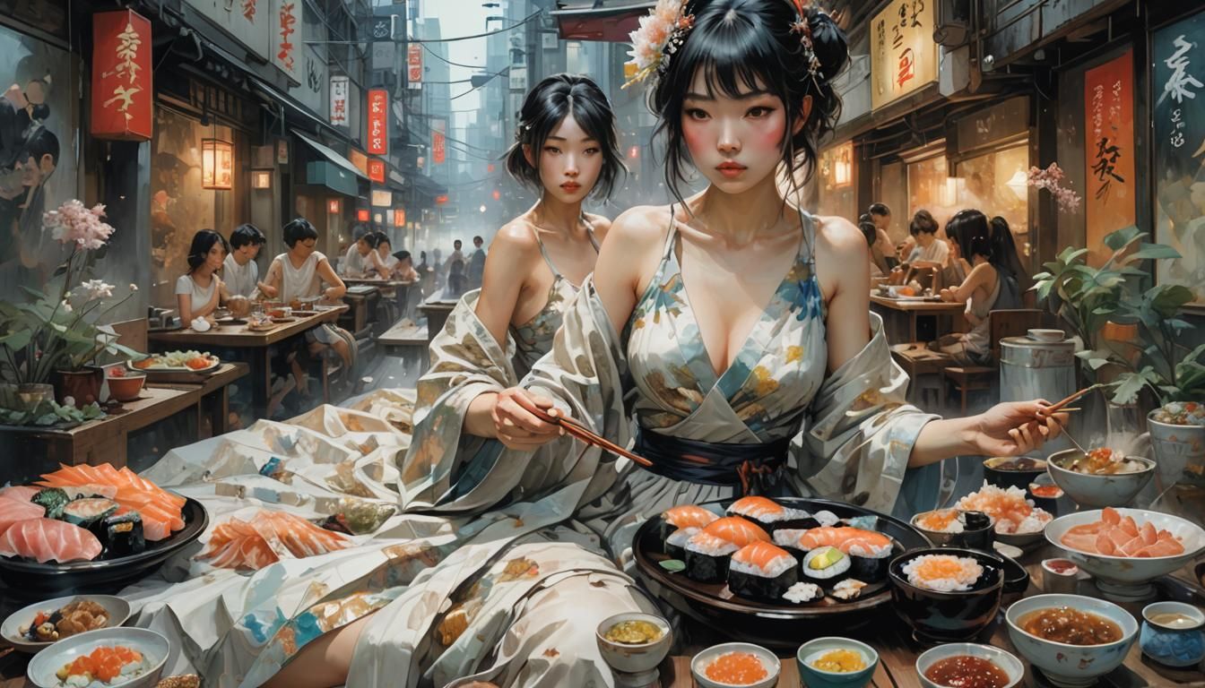 Futuristic Idol Eating Sushi in Hyperdetailed Tokyo Scene