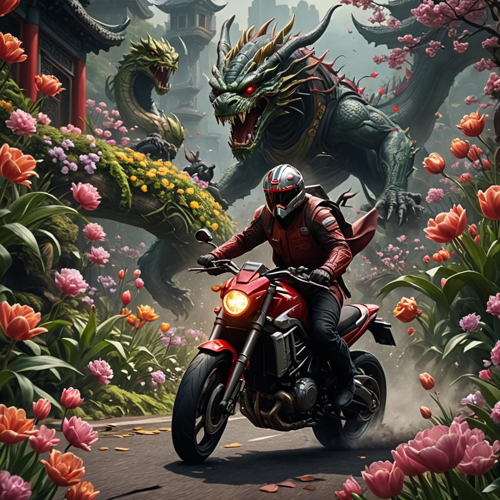 Jedi on Ducati Escapes Dragon in Detailed Painting