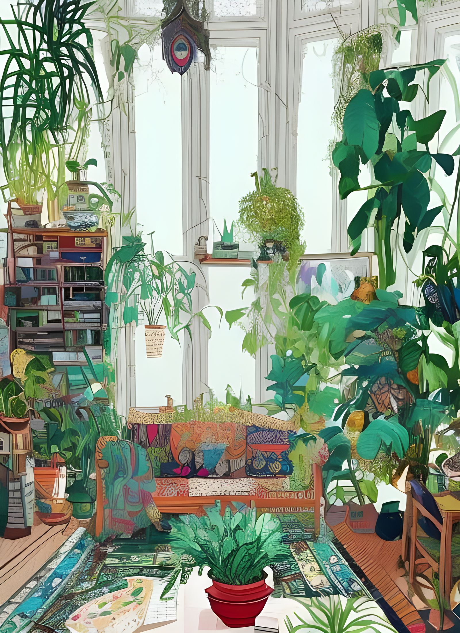 Bohemian Living Room with Plants, Digital Illustration