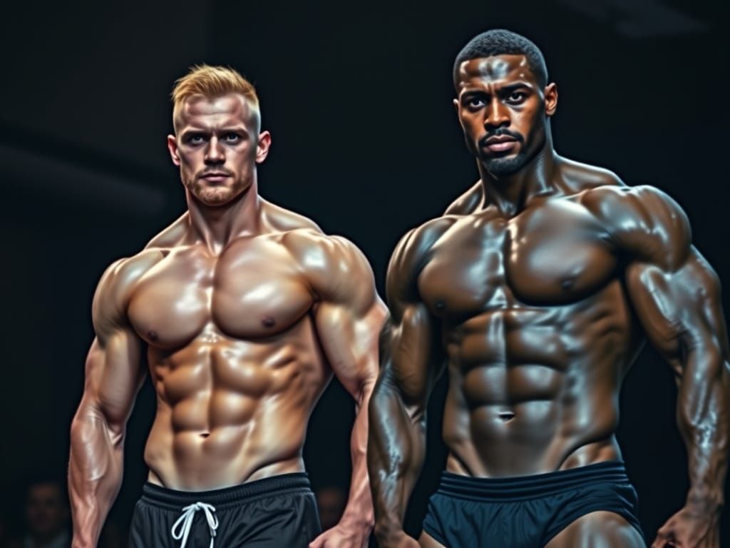 Muscular Bodybuilders Pose on Stage in Dark Mode
