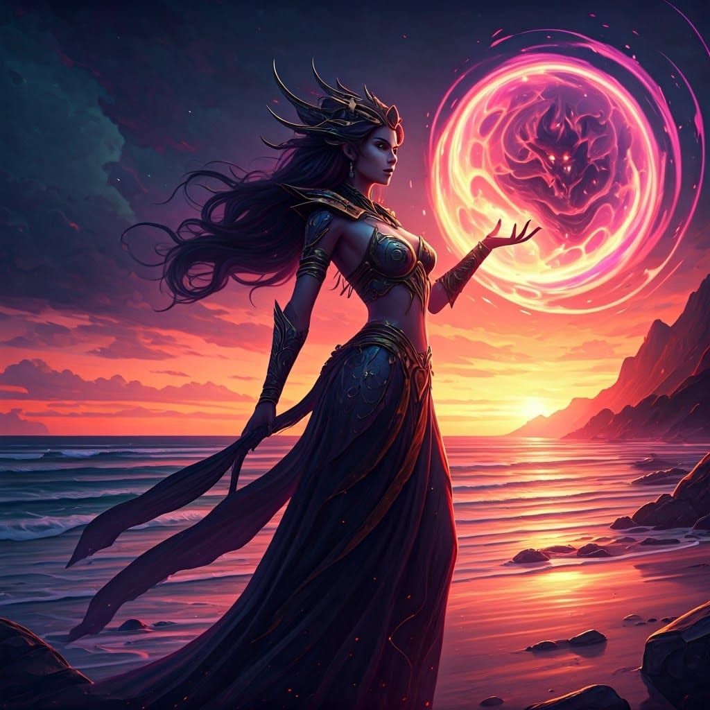 Sorceress Conjures Demon on Psychedelic Beach