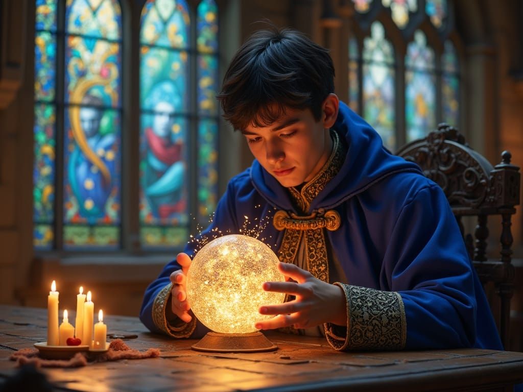 Wizard Student Touches Glowing Sphere in Magical Academy