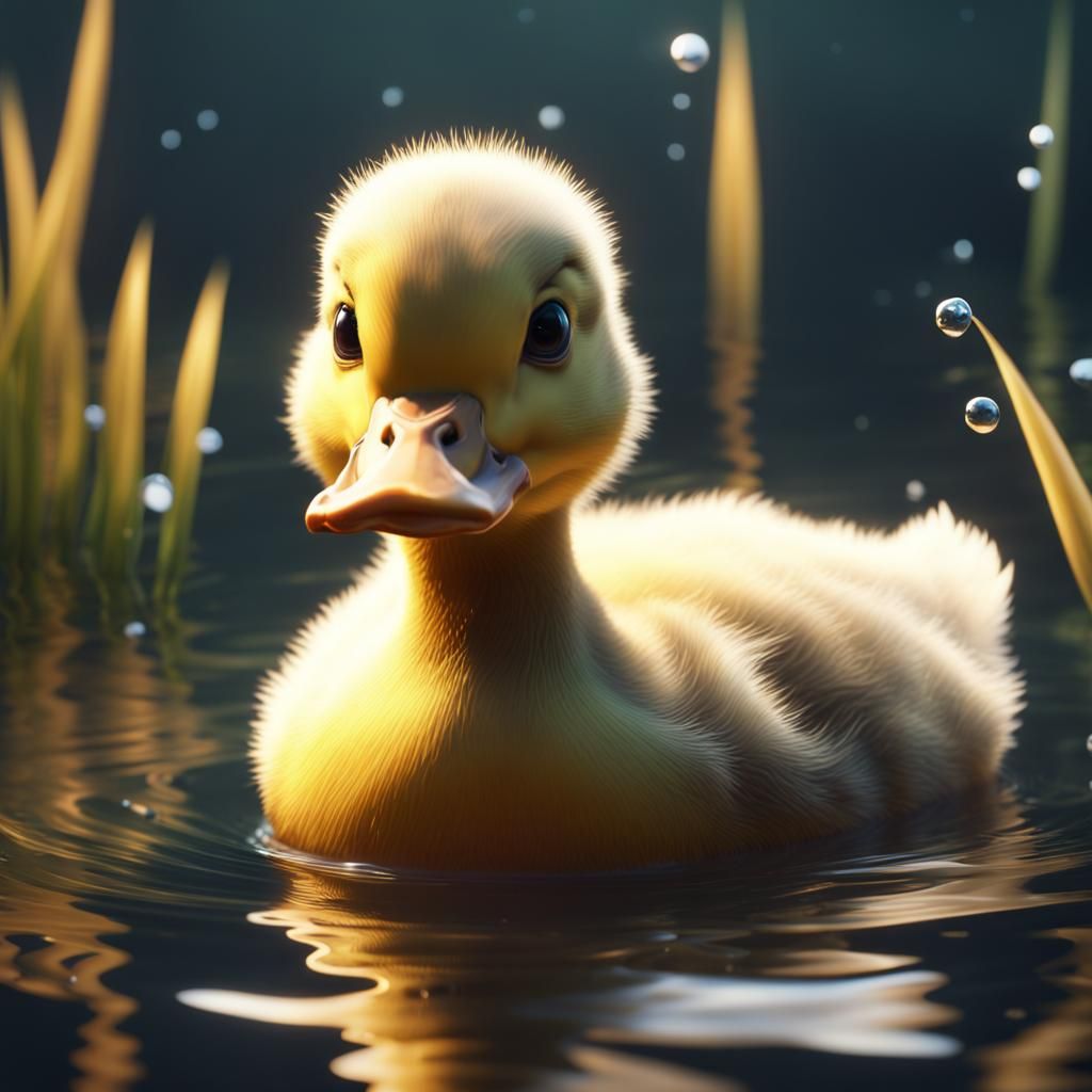 Cute Baby Duck Swimming: Detailed Matte Painting