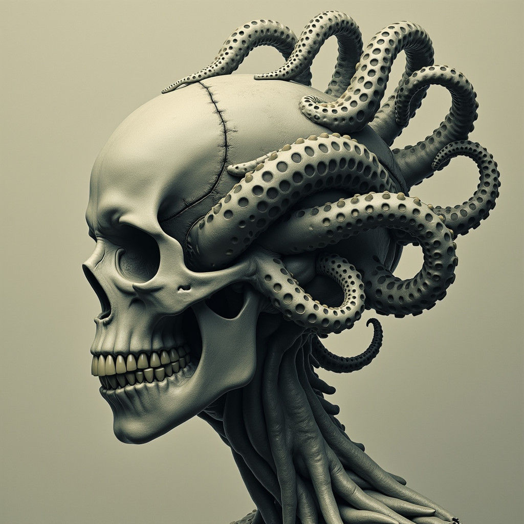 Surreal Biomechanical Head with Octopus Appendage, Digital A...