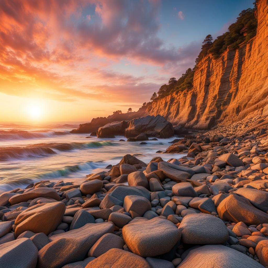 Sunset on Rocky Beach: Hyperrealistic Coastal Photography