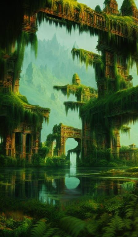 Jungle Temple Ruins at Sunset in Psychedelic Style