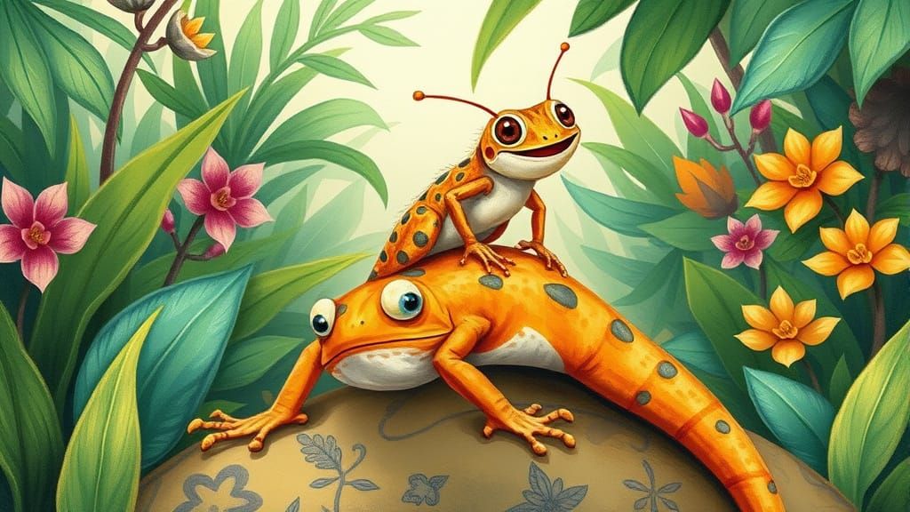 Joyful Cricket Rides Friendly Gecko in Lush Jungle