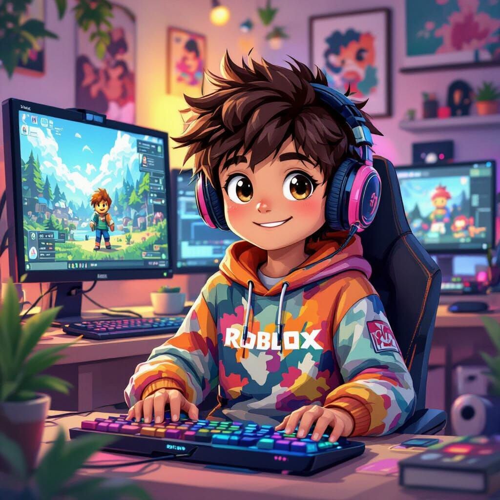 Boy Playing Roblox in Vibrant Digital Cartoon Style