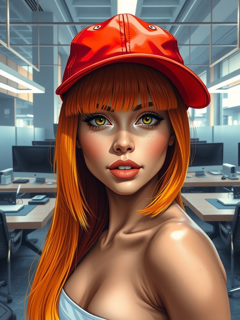 Hyperrealistic Woman in Office Scene with Orange Wig and Red...
