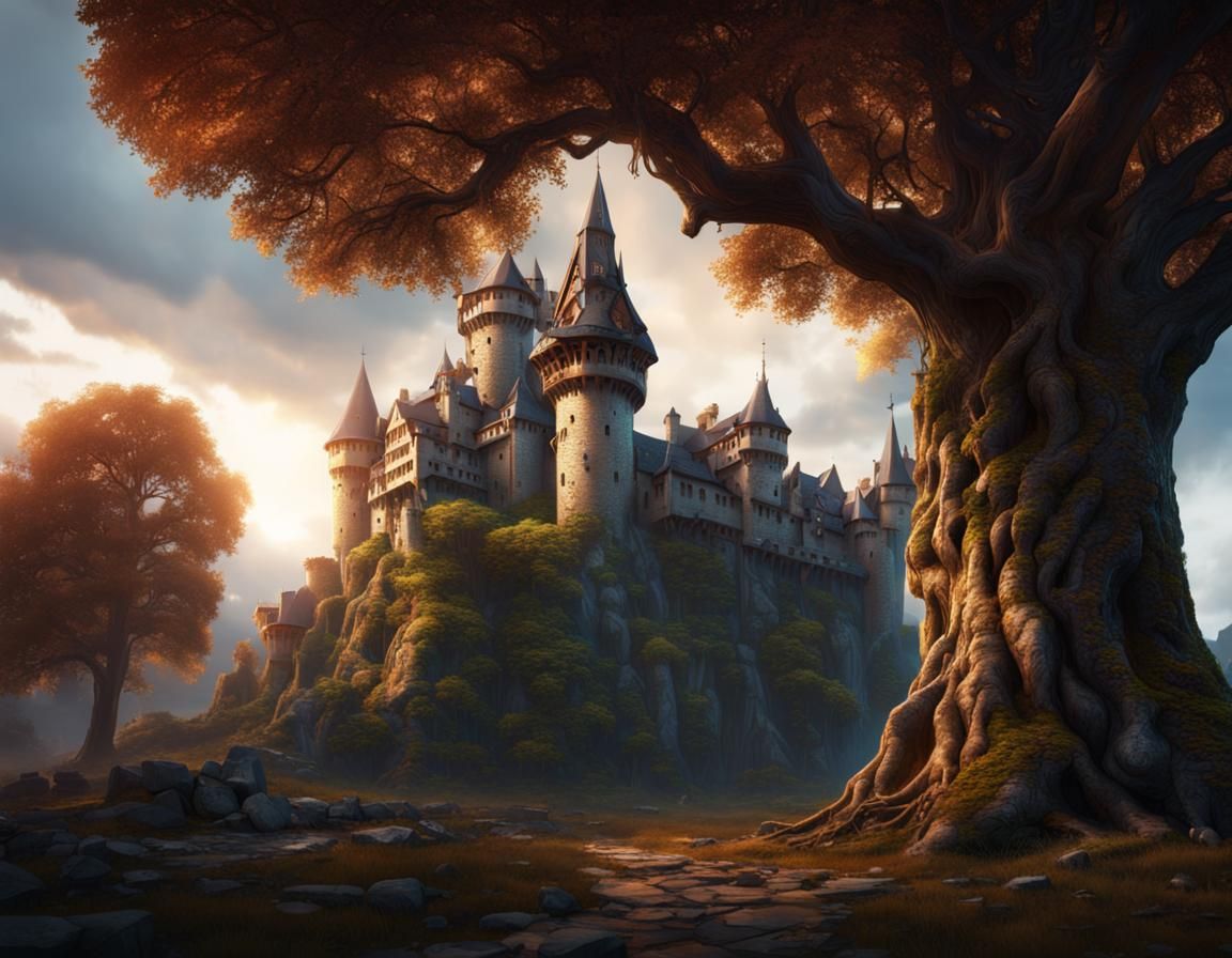 Tree Castle Fusion in Detailed Matte Painting