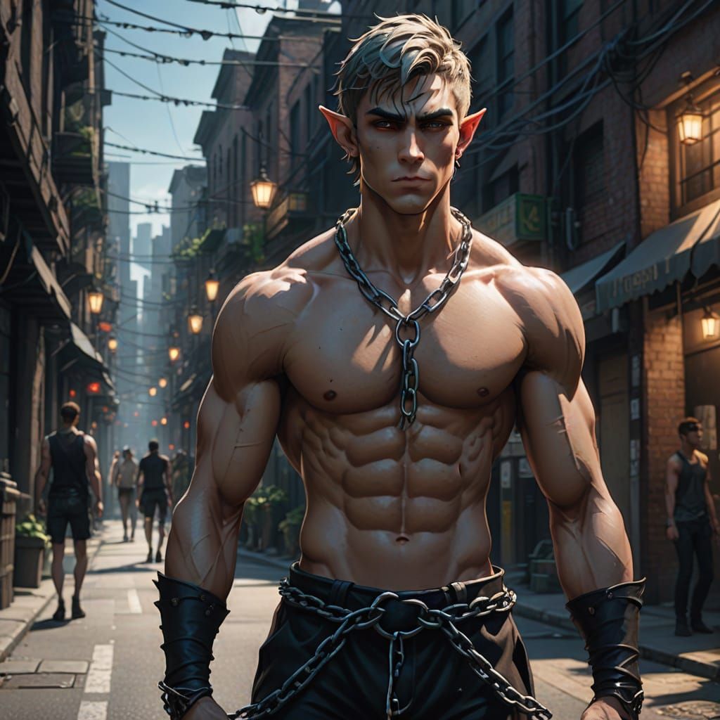 Elf Boy in Chains on Urban Street - Realistic Anime Style