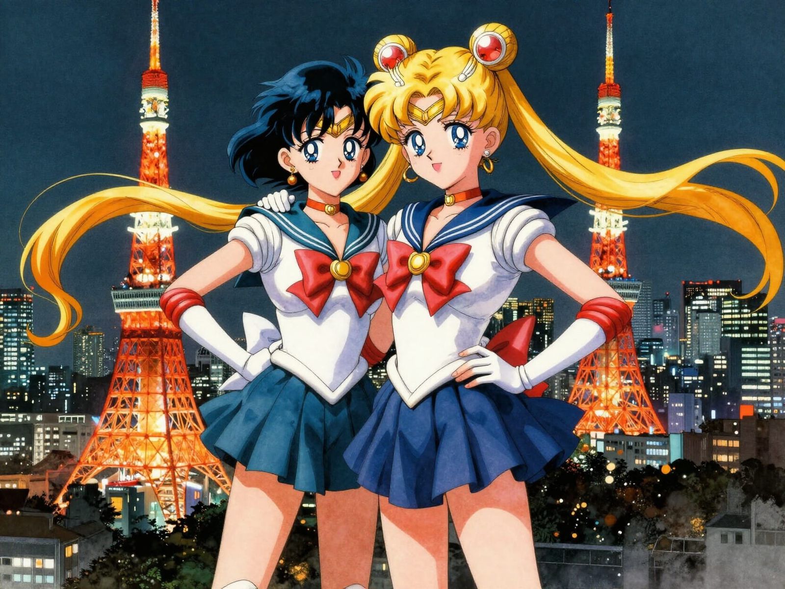 Sailor Moon and Jupiter Posing Atop Tokyo Tower