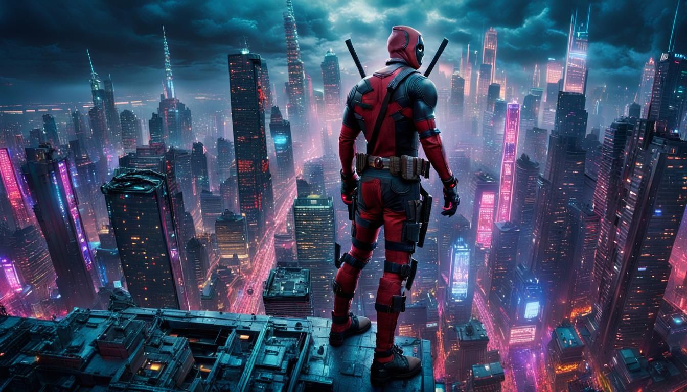 Deadpool in Cyberpunk Cityscape with Dual Katanas