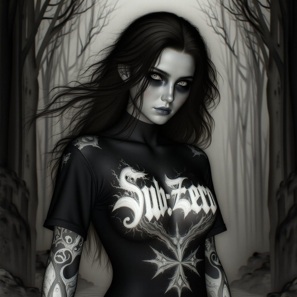 Attractive Woman with Sinister Mood and Sub-Zero T-Shirt