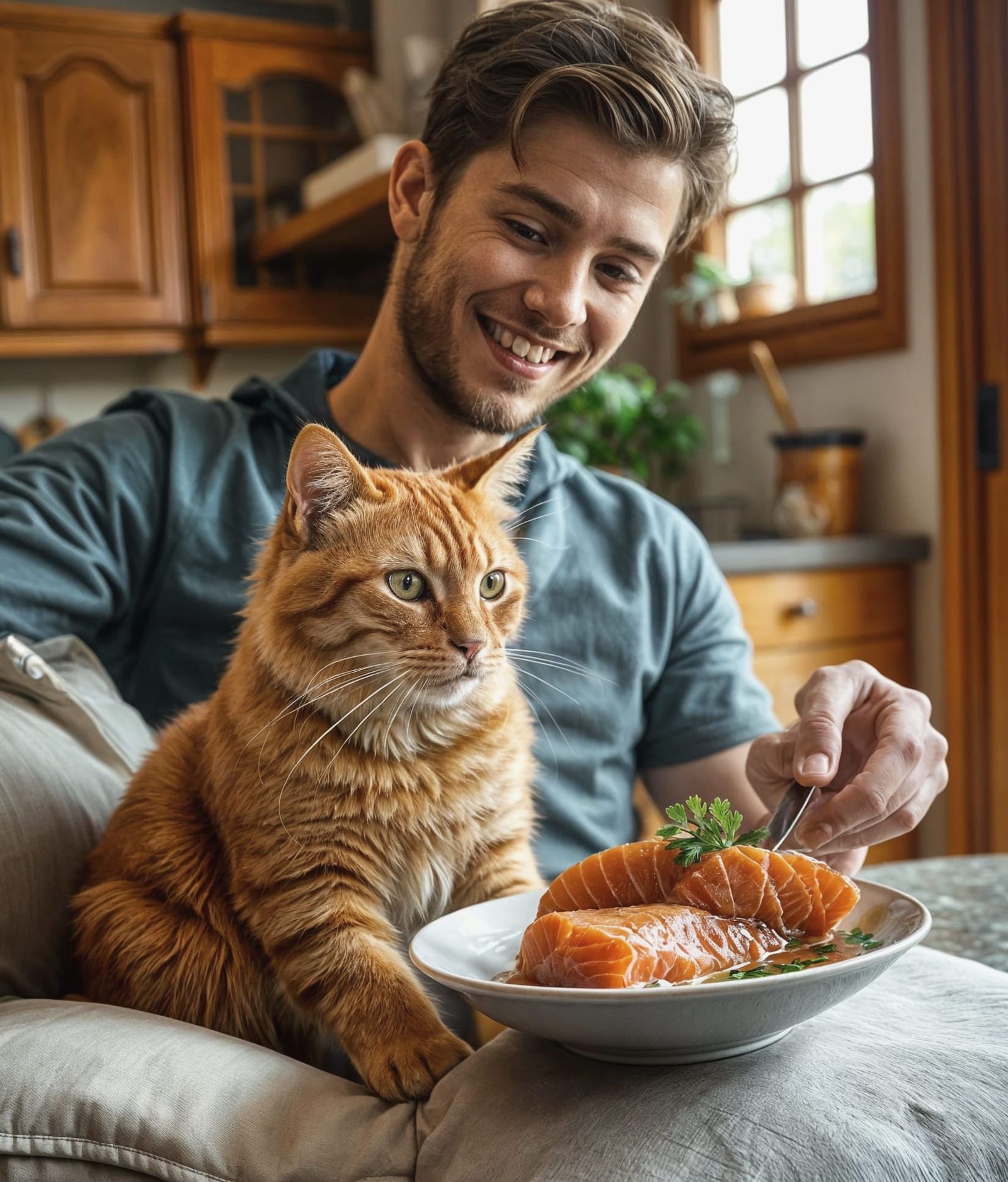 Regal Ginger Tabby Cat Disdains Fresh Salmon