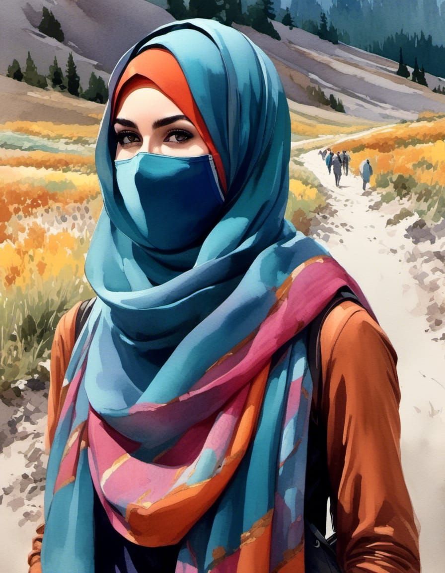 Curvy Hijabi Sportswoman in Alpine Mountains Watercolor