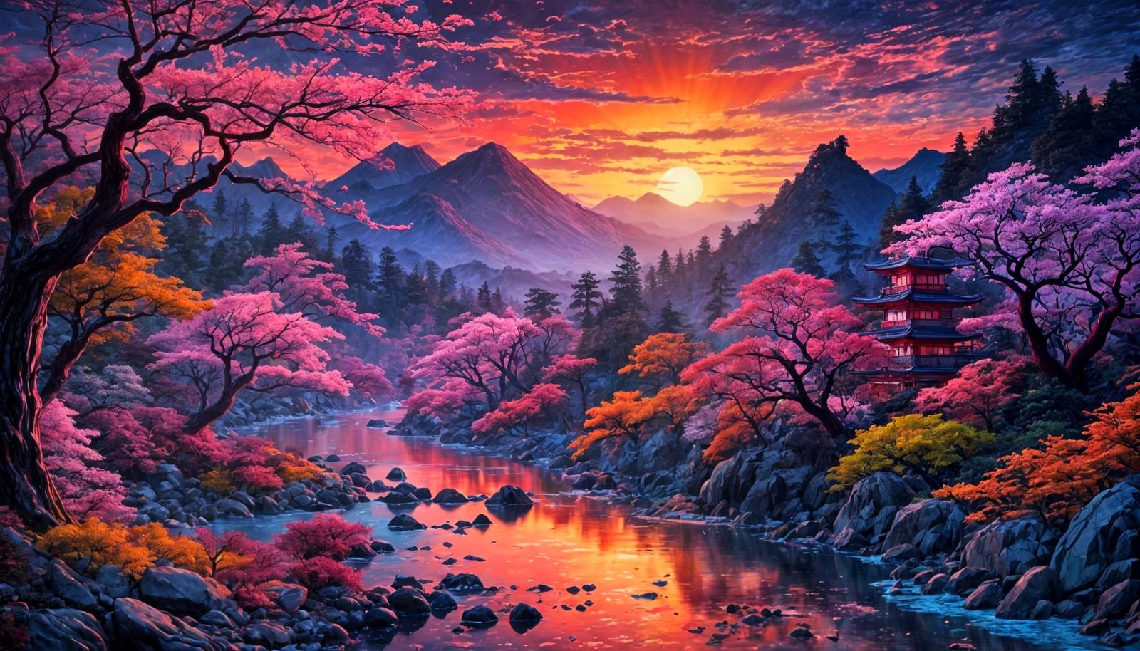 Fluorescent Japanese Landscape with Uchikake in Fine Art Sty...