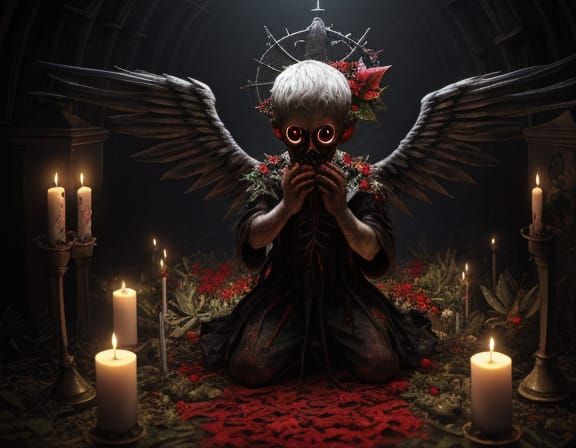 Disturbingly Joyful Cherub in Eerie Crypt