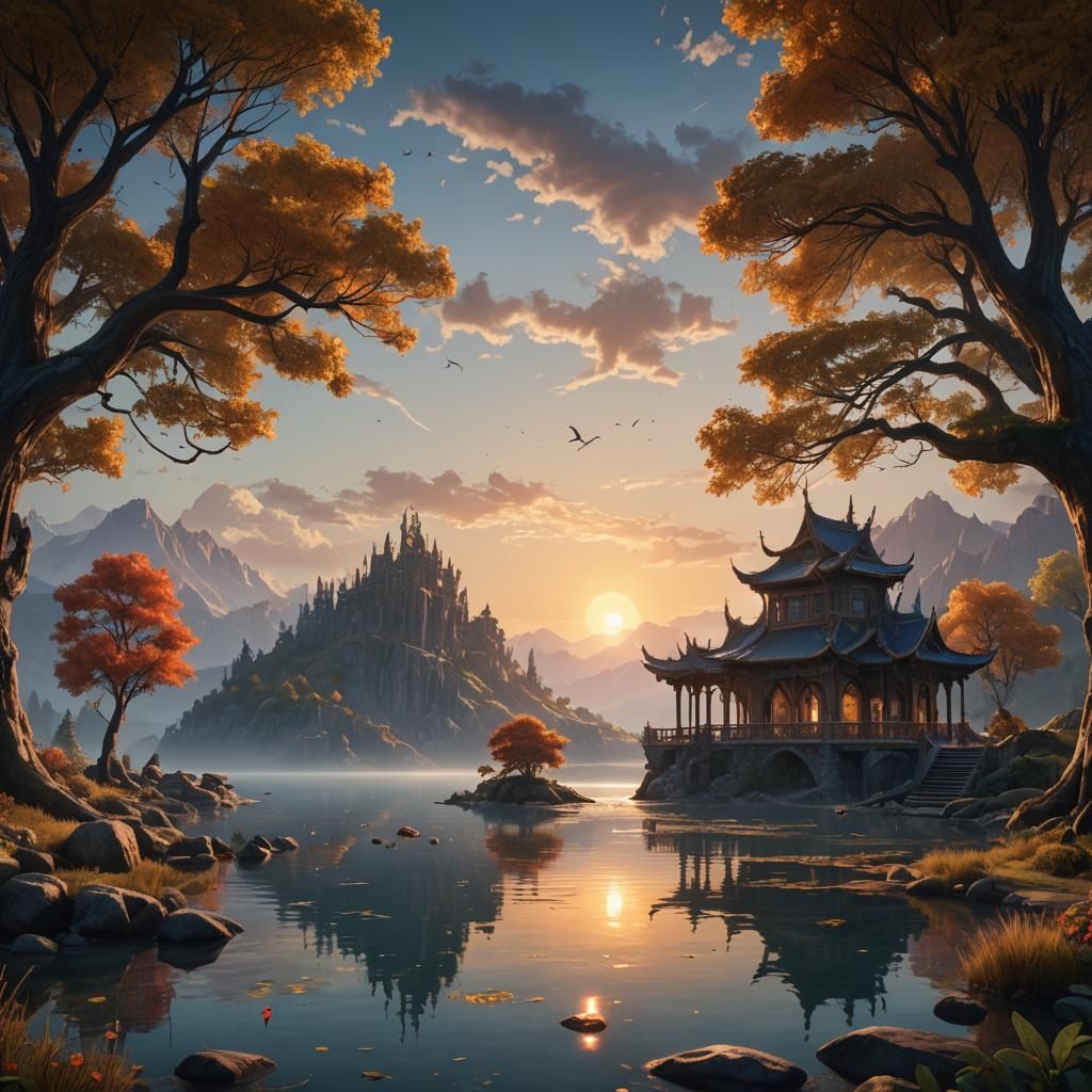 Lakeside Rest Stop at Sunrise: Fantasy Concept Art