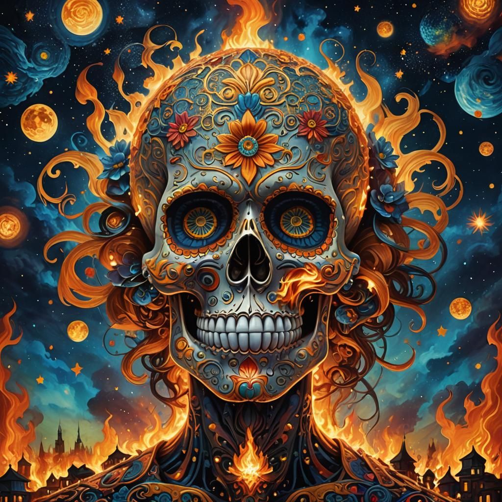 Flaming Spongebob Sugar Skull in Starry Night