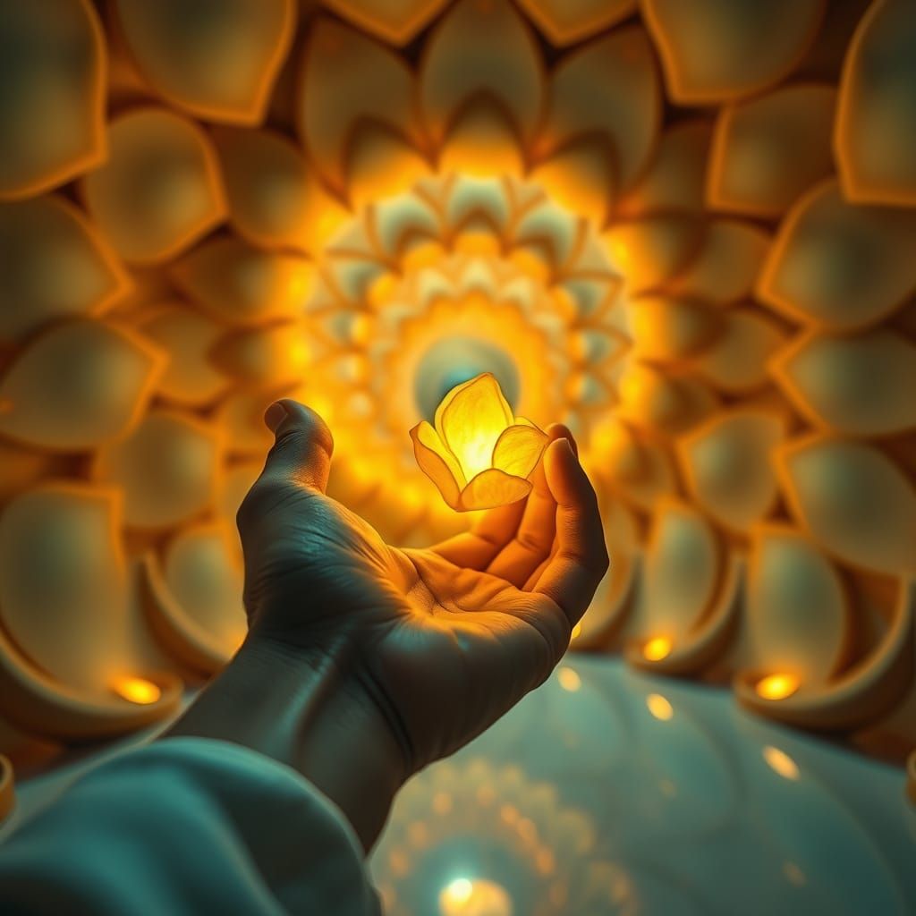 Hand Holding Seed Petal in Ethereal Chamber