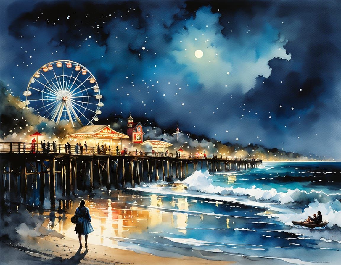 Dreamy Summer Boardwalk Scene in Watercolor Ink