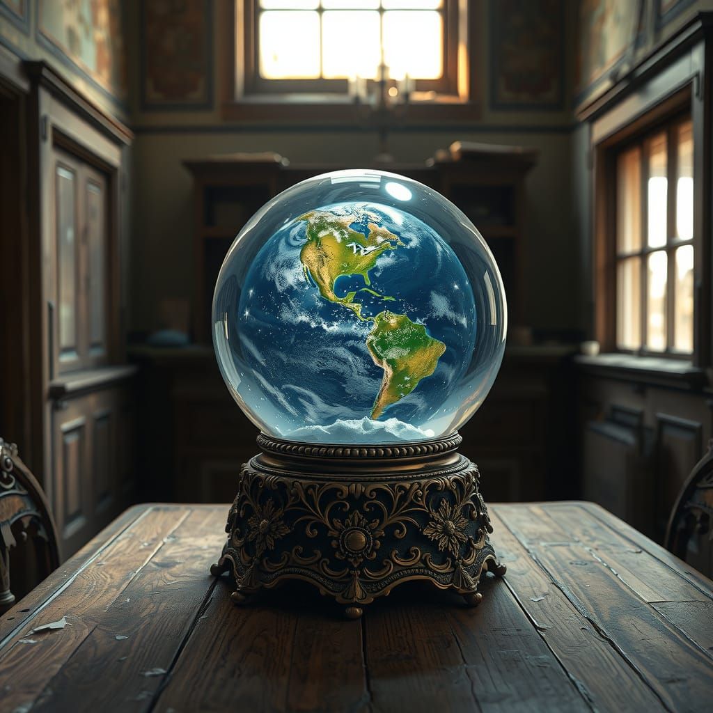 Earth in Vintage Snowglobe, Worn Wooden Table, and Old Derel...