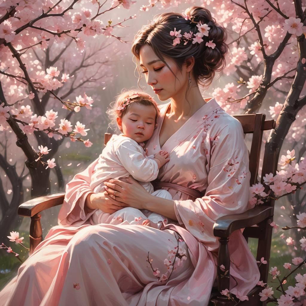 Mother and Newborn with Cherry Blossoms