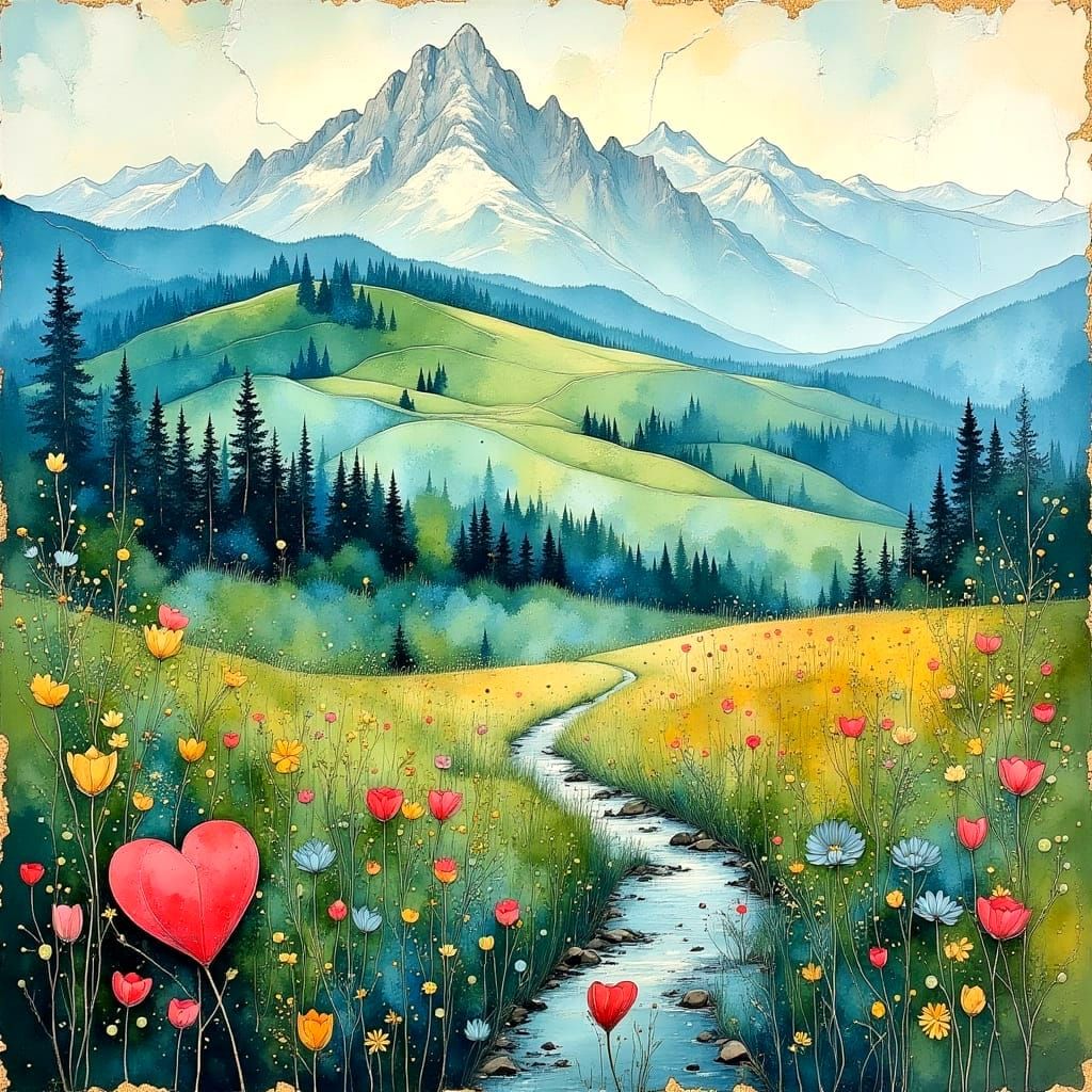 Colorful Landscape in Azure and Gold Tones