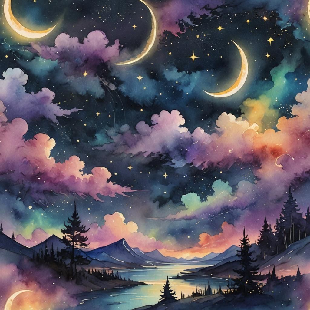 Magical Starry Night Sky with Aurora Borealis