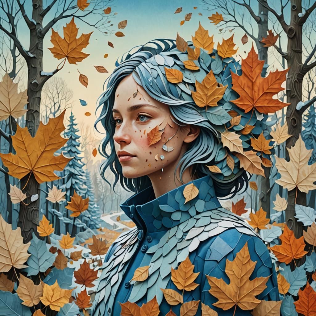Surreal Collage of Autumn and Winter Woman