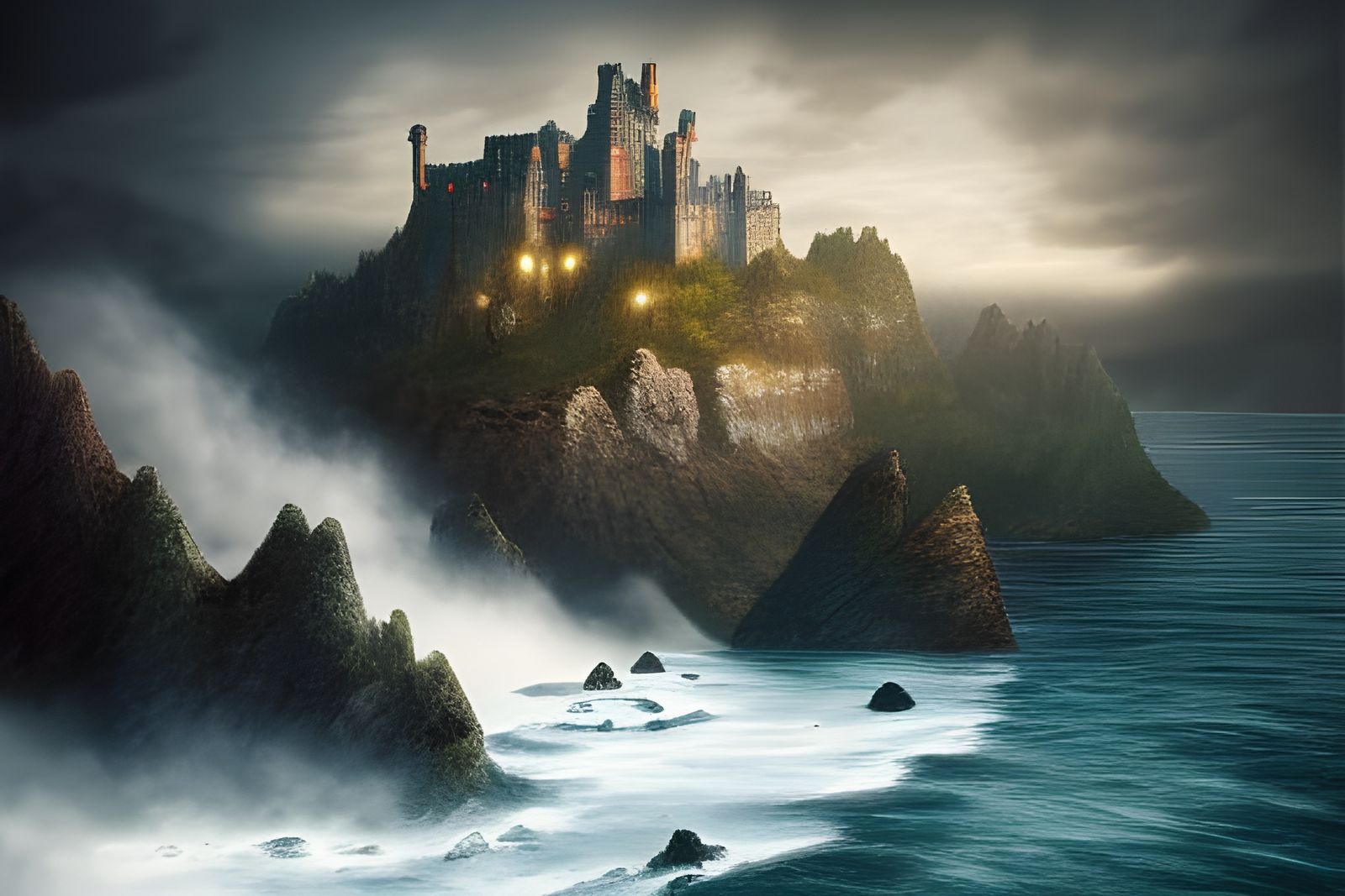 Cliffside Castle in Dark Fantasy Illustration