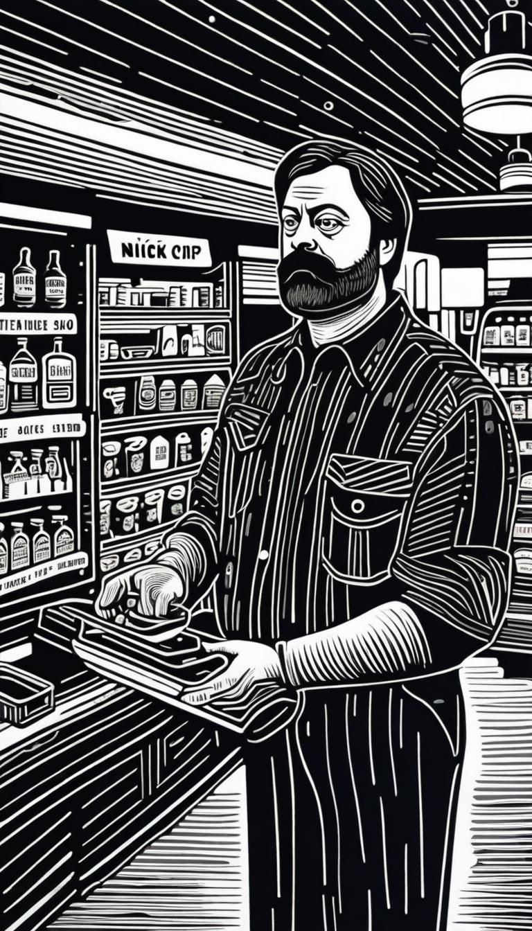 Nick Offerman Robs Store in Linocut Style