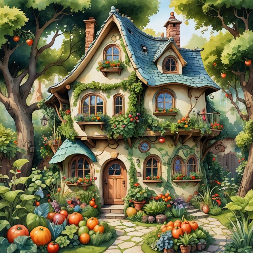 Fairytale Vegetable House in Watercolor Garden