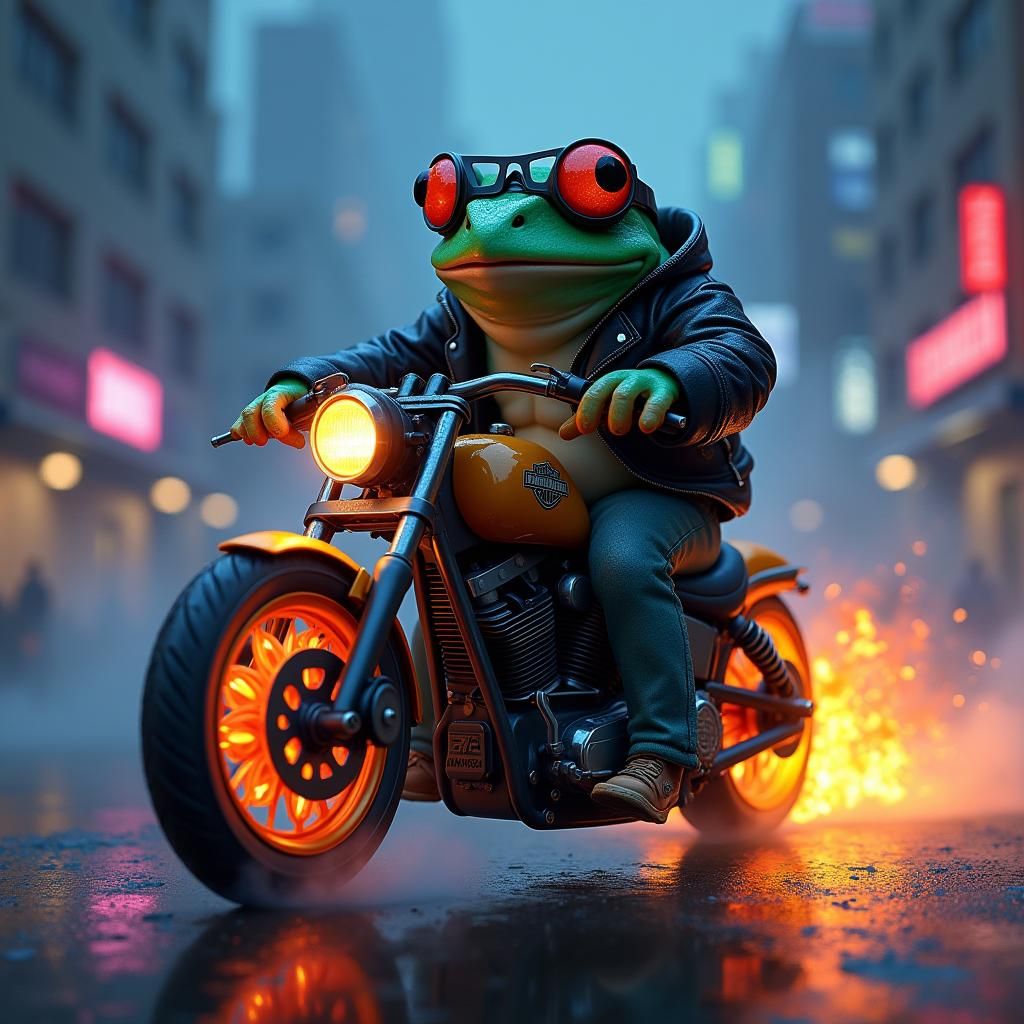 Frog on Harley Davidson in Neon Cityscape