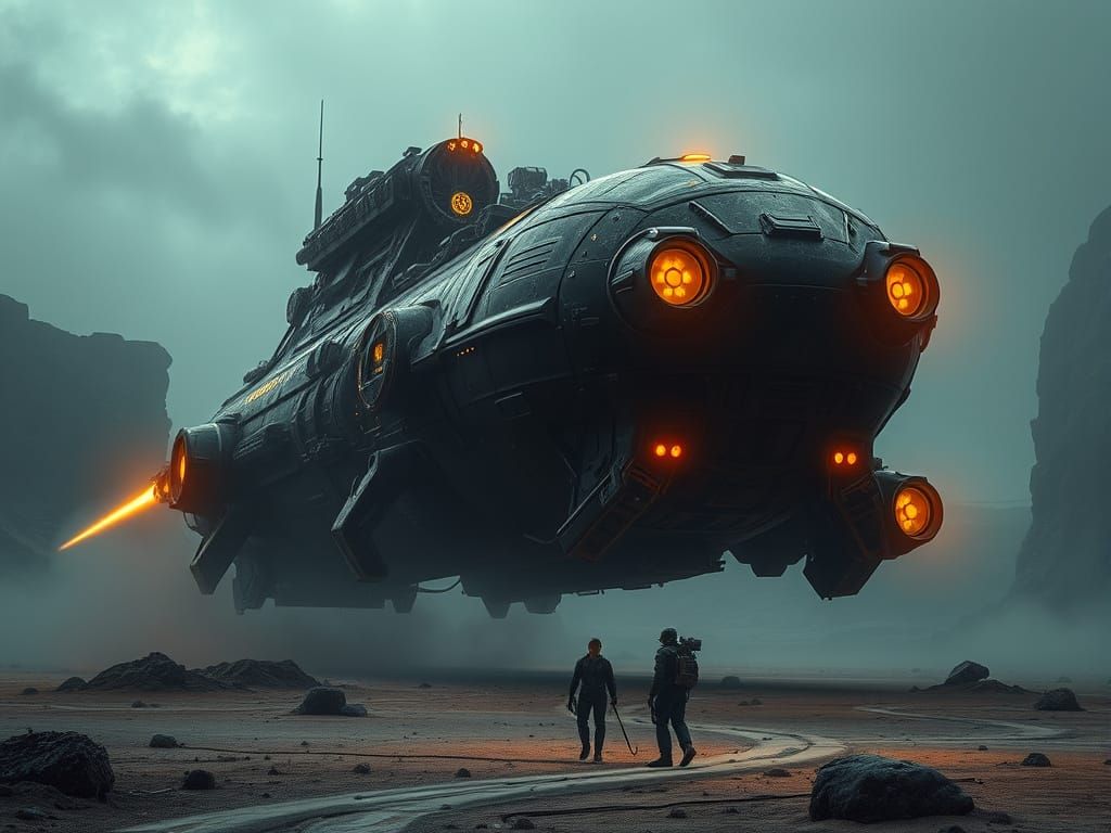 Retro Spaceship Lands on Alien Planet in Cyberpunk Style