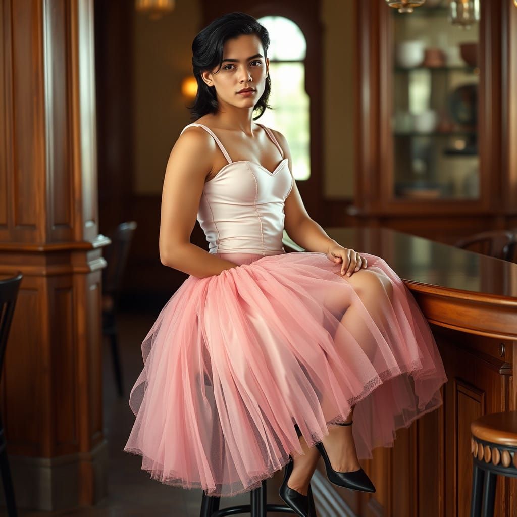 Confident Young Man in Elegant Pastel Pink Dress