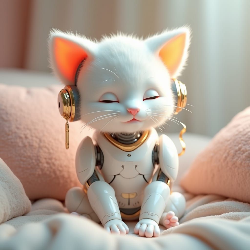 Robot Kitten Listens to Music in Cozy Room