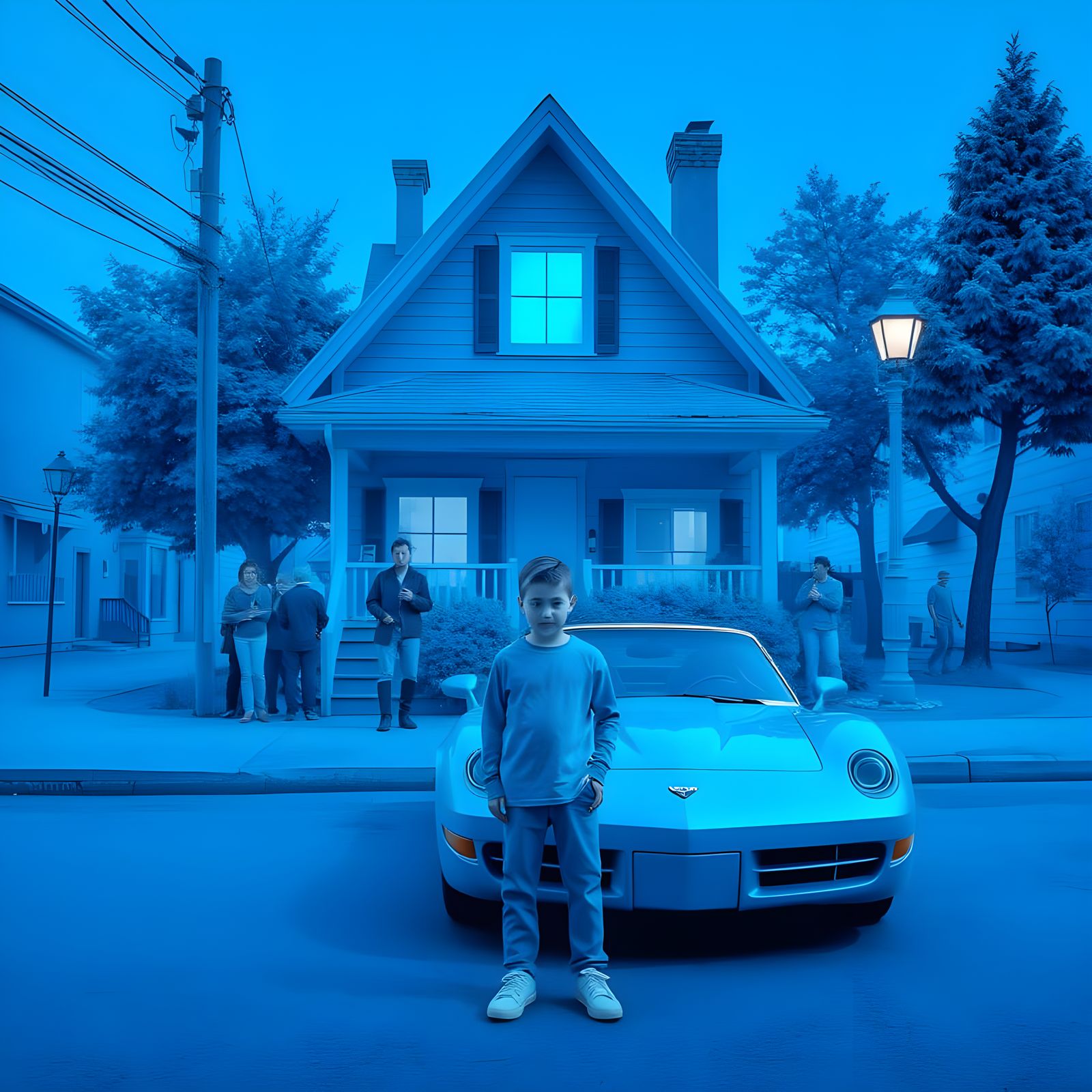 Monochromatic Blue World with Figure in Dreamy Style