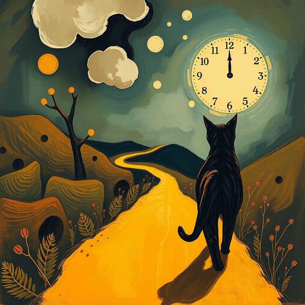 Surrealist Dreamscape: Cat's Journey Through Golden Hues