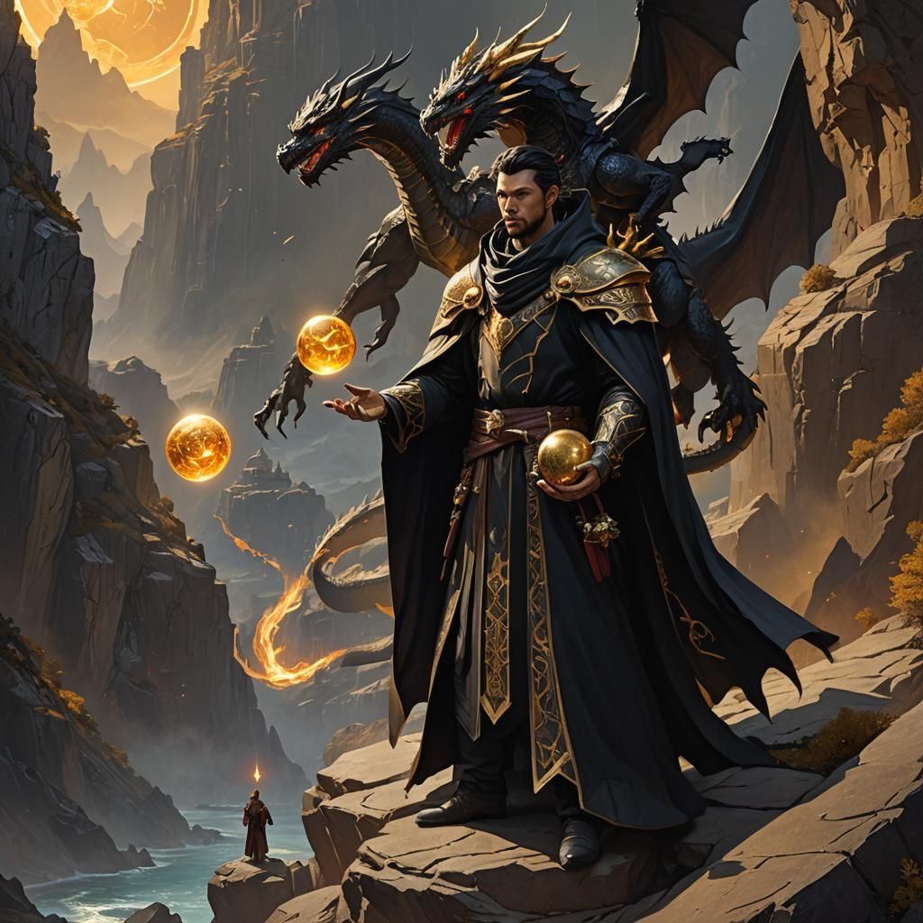 Black Star Dragon and Mage in Dark Fantasy Style