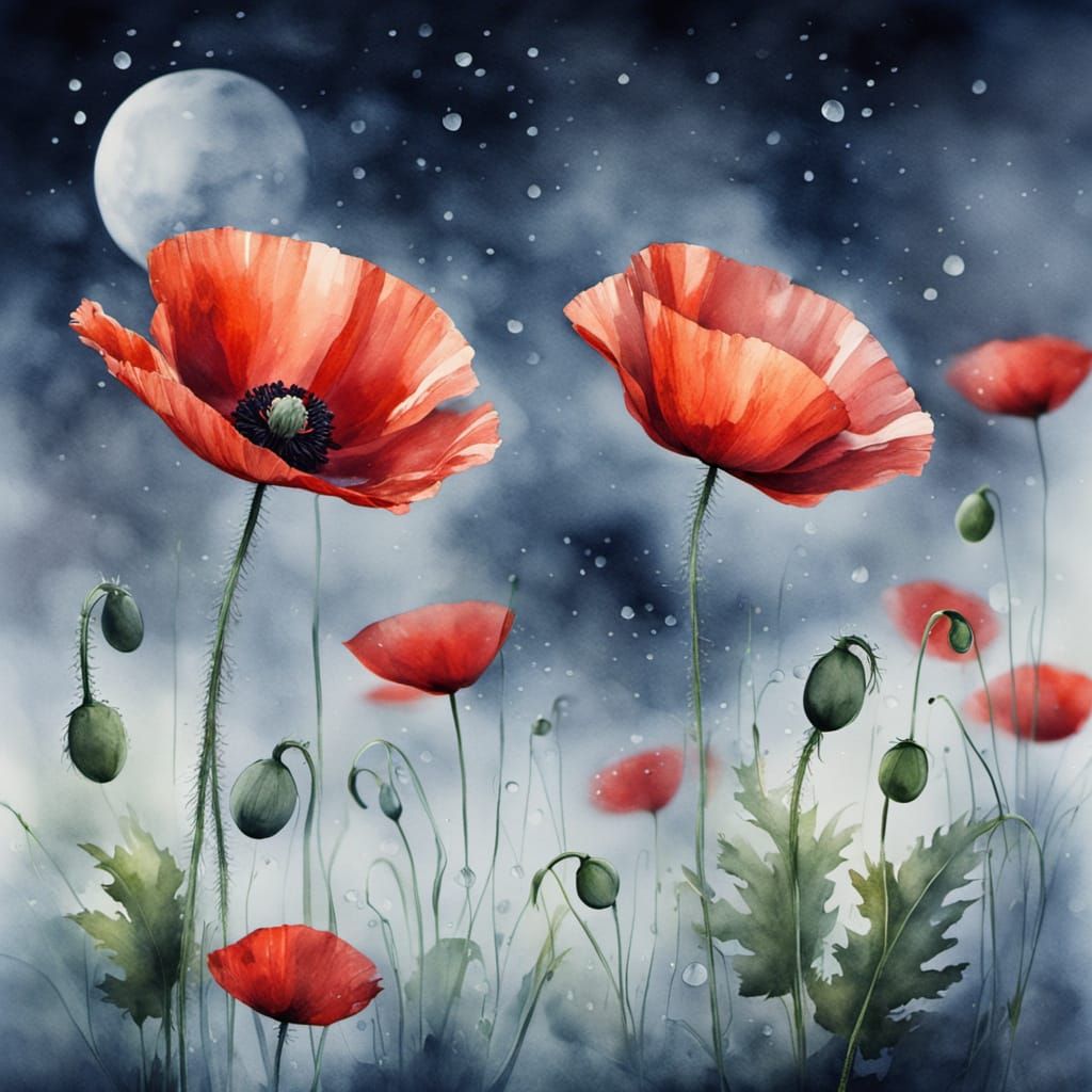 Ethereal Watercolor Poppy in Moonlight