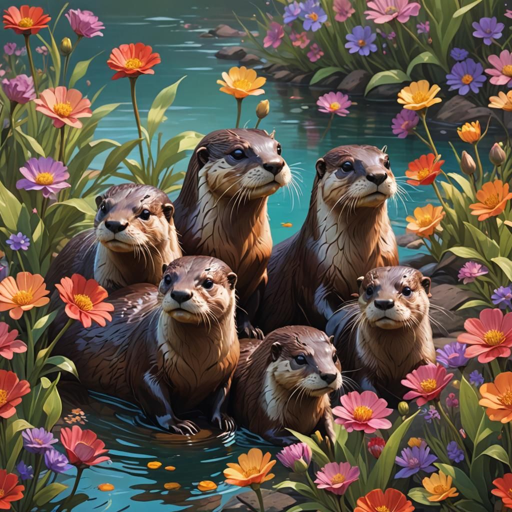 River Otter Family in Vibrant Floral Landscape