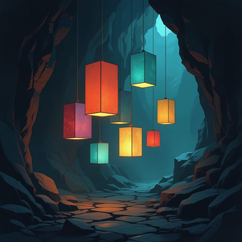 Abstract Geometric Shapes in Dark Cavern, Expressionist Styl...